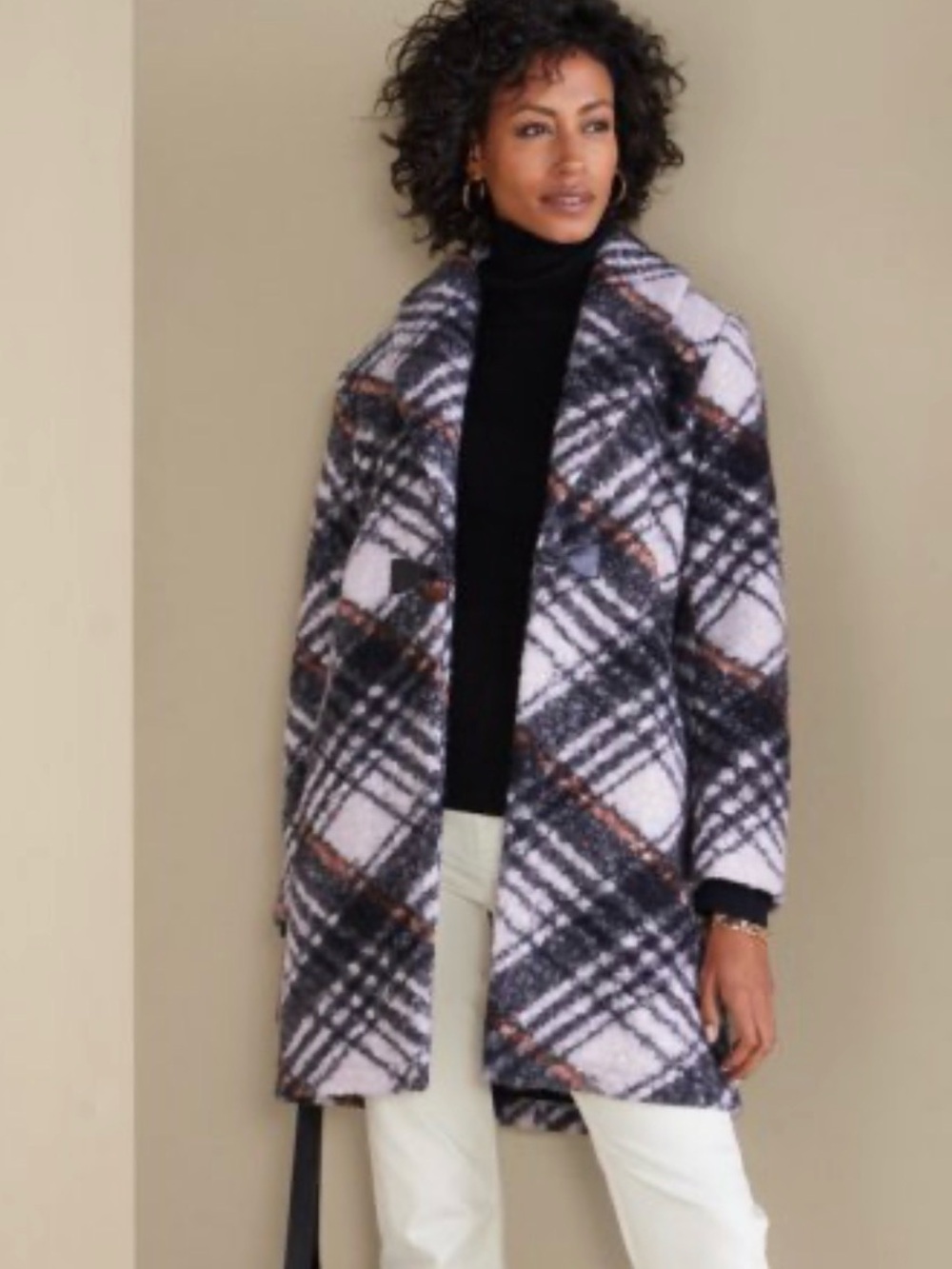 Soft Surroundings Rita Plaid Boucle Coat Jacket M NWT Cozy Fall Toggle Longline